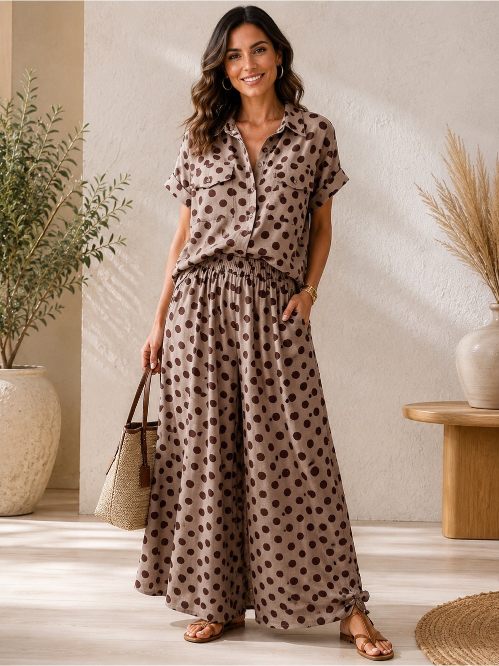 Polka Dot Wide Leg Lounge Pants - Beige & Brown - Picture 4 of 4